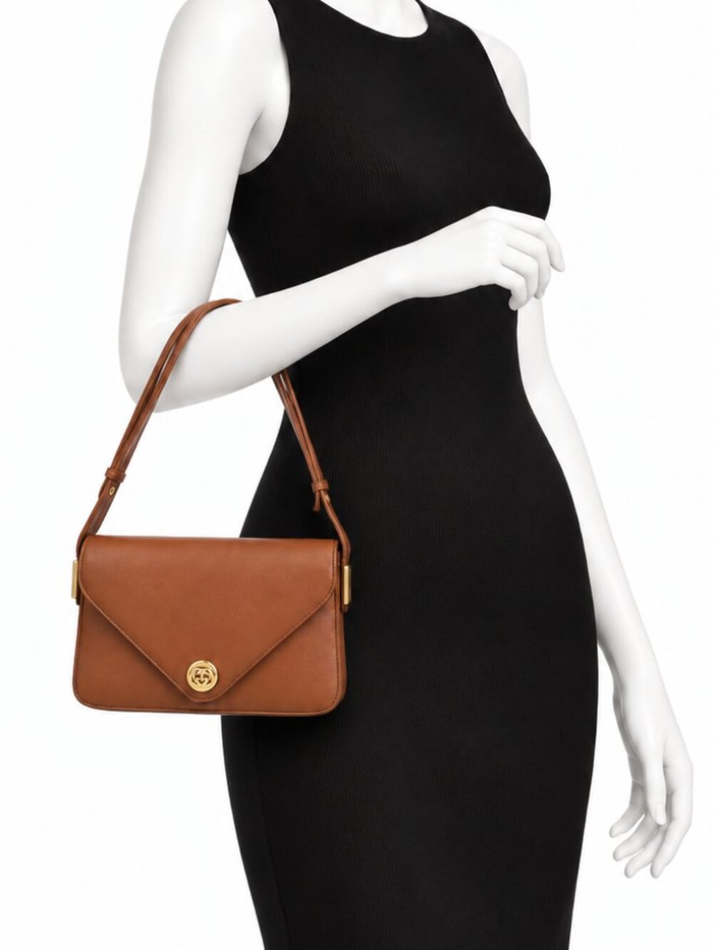 Vintage Gucci Tan Brown Leather Shoulder Bag with Gold Hardware